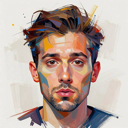 Digital portrait of a handsome, young man with short, dark brown hair, light skin, and brown eyes, rendered in vibrant, abstract brushstrokes