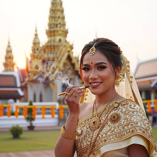 Thai Bride in Traditional Dress with Temple Background