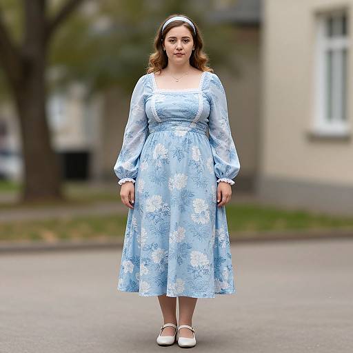 Photograph of a curvy woman with light skin and brown curly hair, wearing a light blue floral dress, white headband, and white shoes,