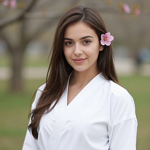 Photograph of a young woman with long dark brown hair, wearing a white kimono, and a pink cherry blossom in her hair, standing outdoors with