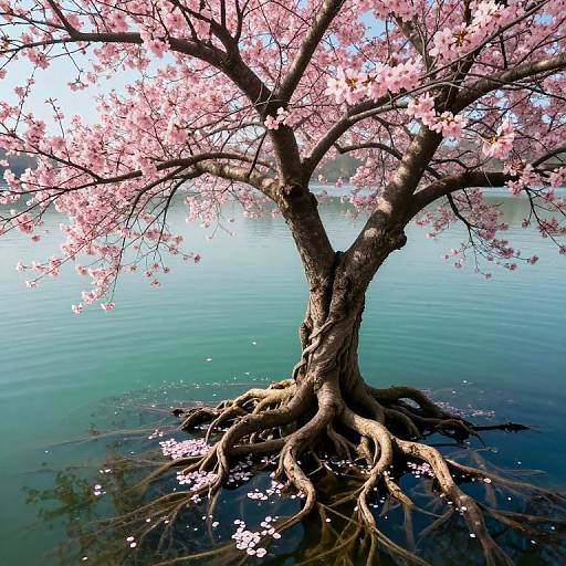 Photograph of a cherry tree with pink blossoms, its gnarled roots exposed, standing in a calm, blue-green lake.