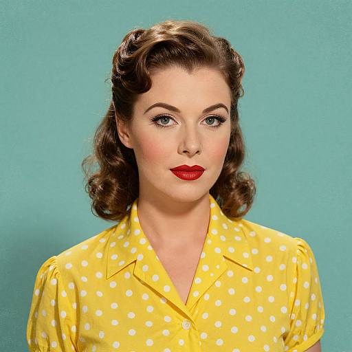 Vintage-style photograph of a fair-skinned woman with red lipstick, blue eyes, and wavy brown hair, wearing a yellow polka dot blouse against