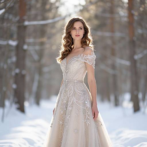 Photograph of a beautiful woman with long brown hair in an off-the-shoulder, sparkling white winter wedding dress, standing in a snowy forest.