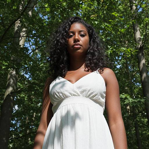 Photograph of a dark-skinned woman with curly black hair, wearing a white, sleeveless, V-neck dress, standing in a sunlit forest