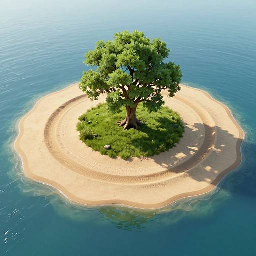 Photorealistic CGI of a small, sandy island surrounded by calm, blue ocean, featuring a single, lush green tree at its center.