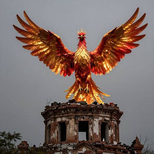 Photograph of a vibrant, fiery red and orange phoenix with outstretched wings, perched atop a weathered, circular stone ruin against a gray