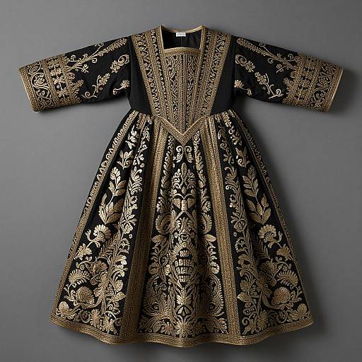 Elegant black and gold embroidered children's dress with intricate floral patterns, long sleeves, and high collar, displayed against a gray background. Photograph.