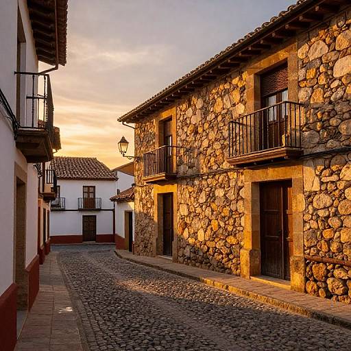 Photograph of a narrow, cobblestone street at sunset, lined with rustic stone buildings with black iron balconies in a Spanish village.