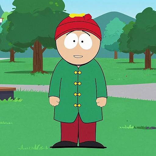 Cartoon of a wide-eyed boy with fair skin, red headband, green coat, red pants, black shoes, standing in a grassy park