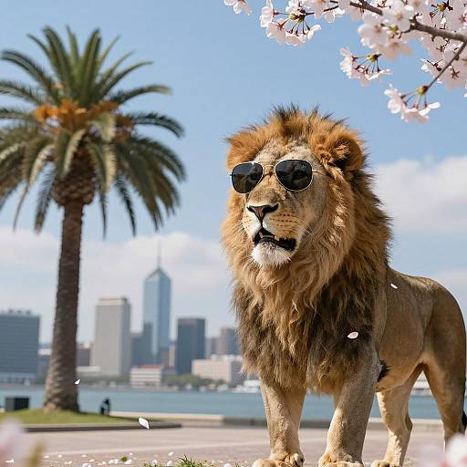 Lion Wearing Sunglasses in Urban Park