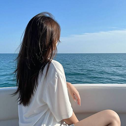 Photograph of an Asian woman with long black hair, wearing a white shirt, sitting on a boat, gazing at a clear blue ocean under a