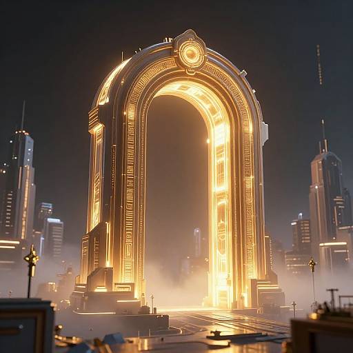 CGI image of a glowing, futuristic archway in a foggy, nighttime cityscape with illuminated skyscrapers and mist. Golden lights illuminate the
