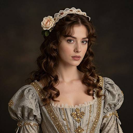 Photograph of a young woman with fair skin, brown curly hair, wearing a lace headband with a rose, and an ornate, gray,