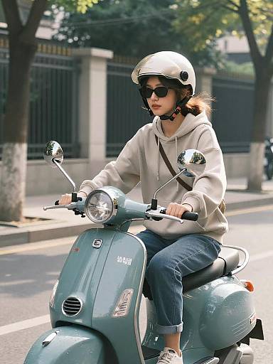 Light Brown Haired Woman on Teal Scooter