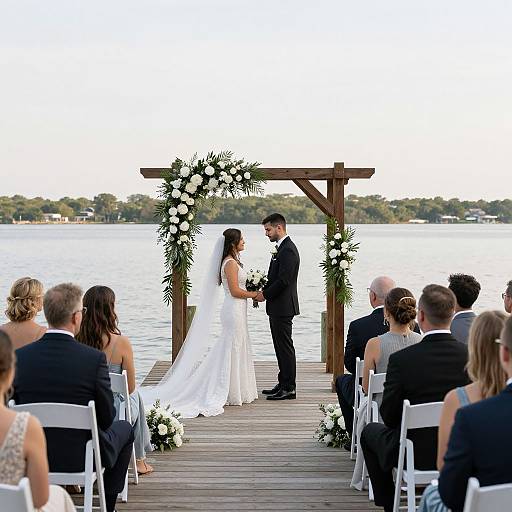 Photograph of a lakeside wedding ceremony, bride in white gown and veil, groom in black suit, exchanging vows under wooden arch with floral decorations,