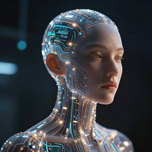 CGI image of a futuristic, glowing humanoid with intricate neon circuits on her head and neck, looking to the side against a dark background.