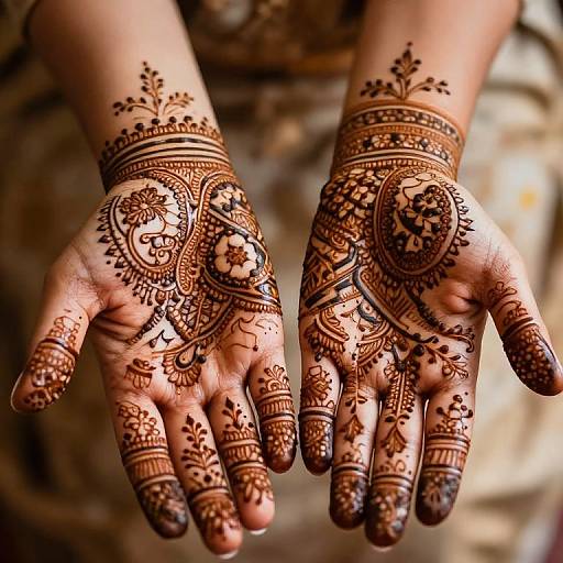 Photograph of two hands with intricate, dark brown henna designs, featuring floral and paisley patterns, against a blurred, earthy-toned background