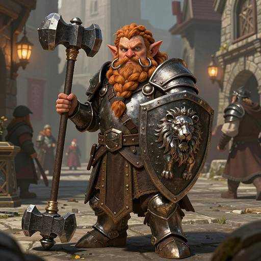 Heroic Dwarf Paladin in Fantasy City