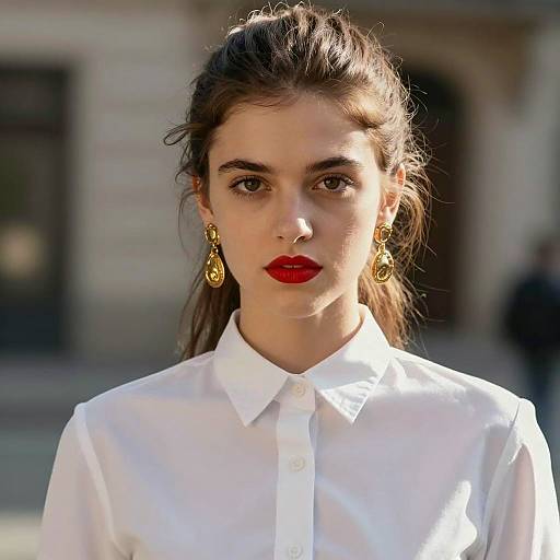 Young woman with red lipstick and gold earrings