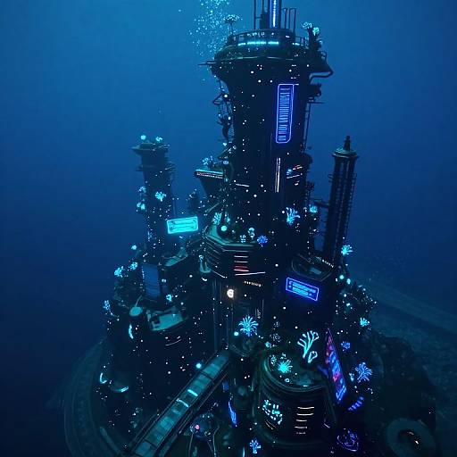Aerial photograph of a futuristic, blue-lit, underwater structure with glowing lights and intricate designs, surrounded by a deep blue ocean.