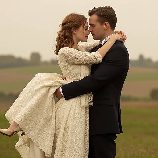 Vintage Romantic Embrace in Pastoral Setting