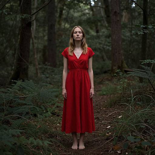 Photograph of a young woman in a red dress standing barefoot in a dark, dense forest, with tall trees and lush greenery. She has