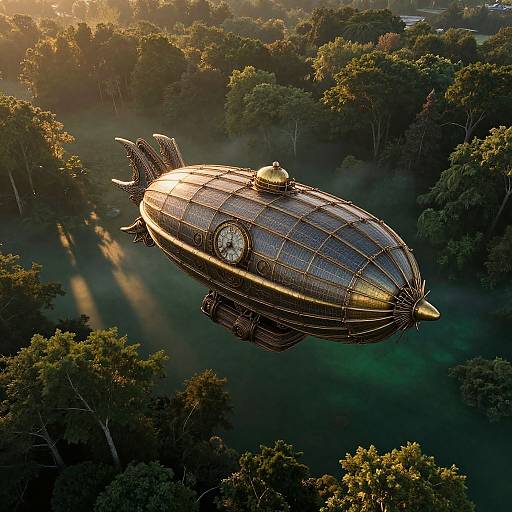 Photograph of a vintage-style, metallic airship with a round clock on its side, flying over a dense, sunlit forest.