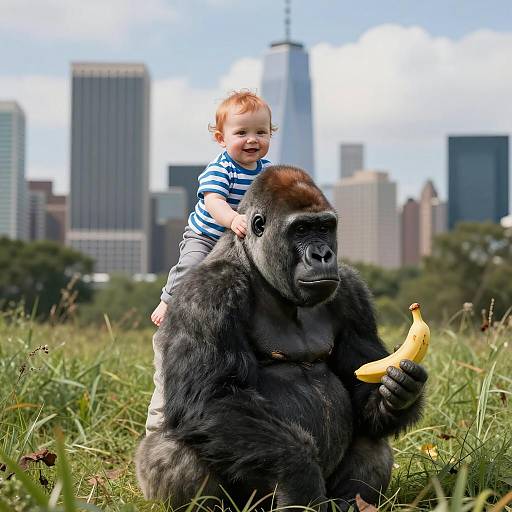 Playful Baby Riding a Gorilla in City
