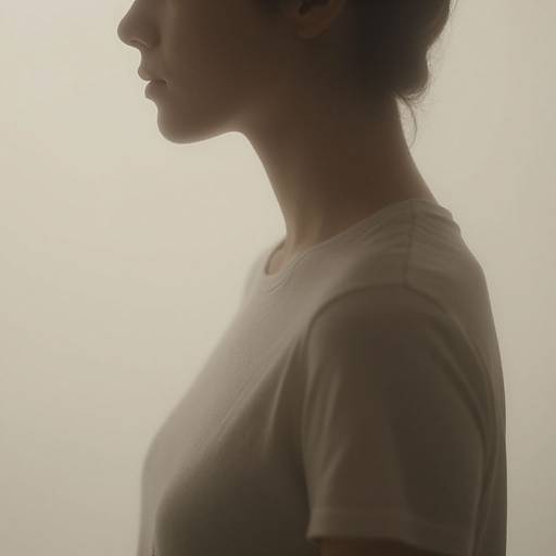 Silhouetted side profile photograph of a woman with dark hair in a bun, wearing a plain white t-shirt, against a bright, overex