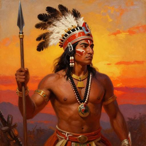 Photorealistic digital painting of a muscular Native American warrior in traditional headdress, holding a spear, against a vibrant orange sunset.