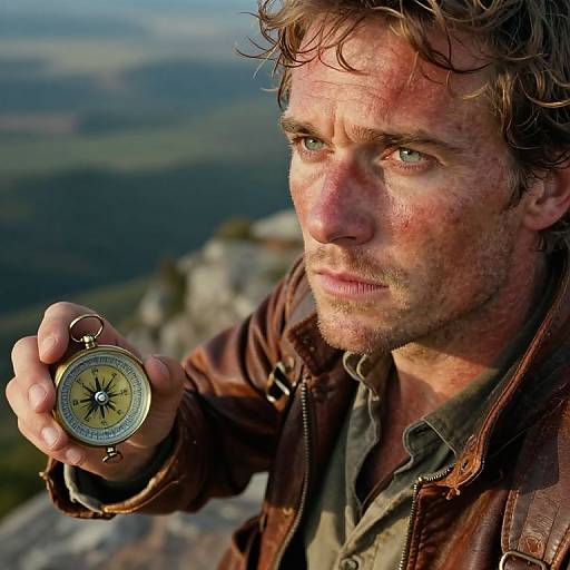 Photograph of rugged, red-faced, brown-haired man with intense gaze, holding a brass compass, standing on a mountain with blurred forest background.