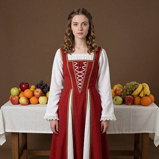 Photograph of a young woman with fair skin and curly brown hair, wearing a red medieval-style dress over a white lace-trimmed blouse, standing