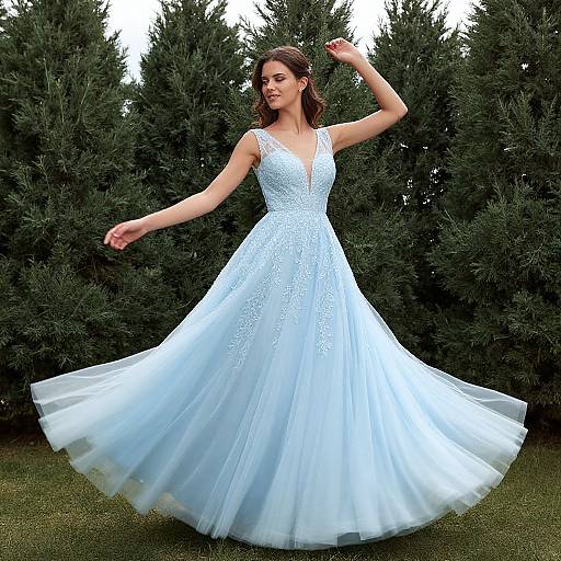 Photograph of a smiling woman in a white lace, sleeveless, V-neck wedding dress with a full, flowing skirt, dancing in front of tall