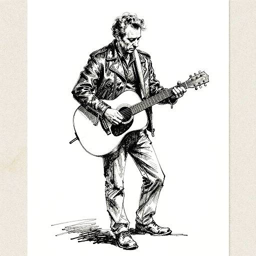 Pen and Ink Drawing of Man Playing Acoustic Guitar