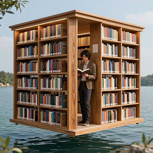 Person Reading in Floating Wooden Bookshelf Archive