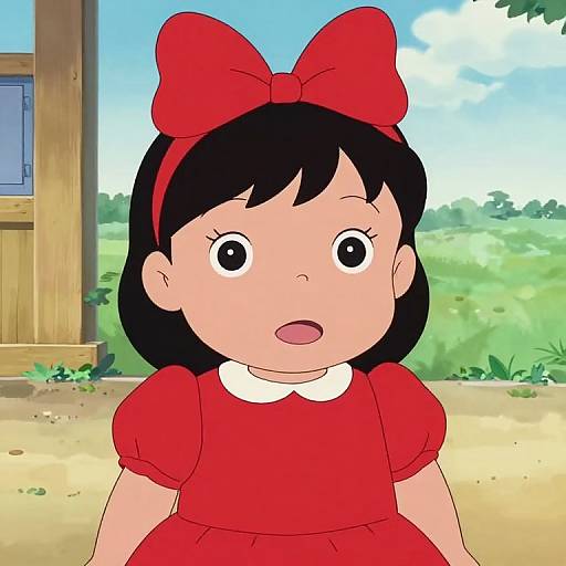 Digital drawing of a young girl with black hair, wide eyes, and a red bow, wearing a red dress and white collar, standing in a sunny