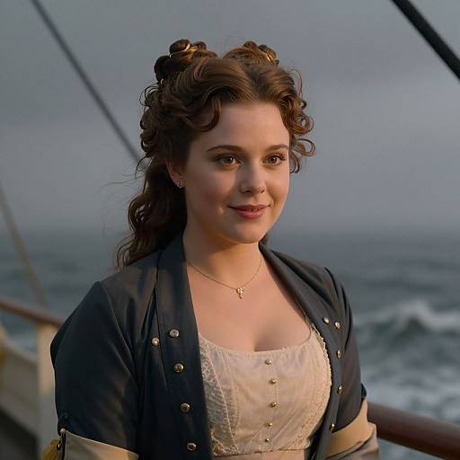 Photograph of a smiling young woman with curly brown hair, wearing a white lace dress and navy cardigan, standing on a ship deck against a cloudy
