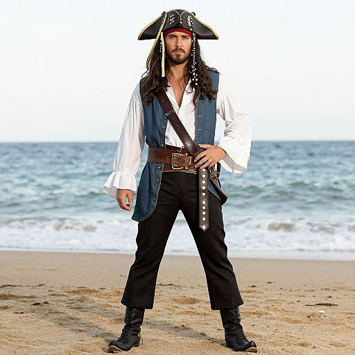 Photograph of a bearded man in a pirate costume, standing on a sandy beach with the ocean in the background. He wears a black tricorn