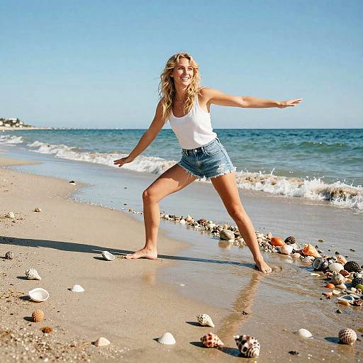 Photograph of a blonde woman with wavy hair, wearing a white tank top and denim shorts, dancing on a sunny beach with scattered seashells