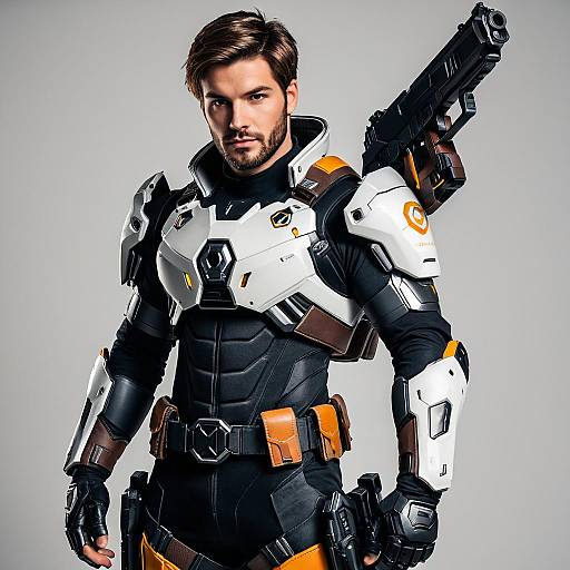 Male Gamer in Overwatch Soldier Costume with Gun