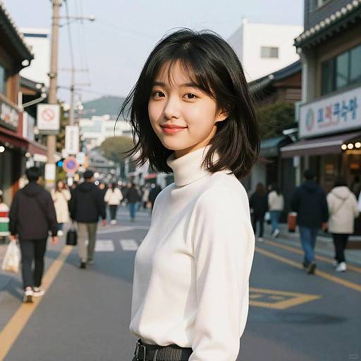 Photograph of an Asian woman with short black hair, wearing a white turtleneck, smiling in a bustling urban street with shops and pedestrians in the