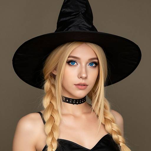 Digital CGI image of a blonde woman with blue eyes, wearing a black witch hat, choker, and black dress, against a gray background.