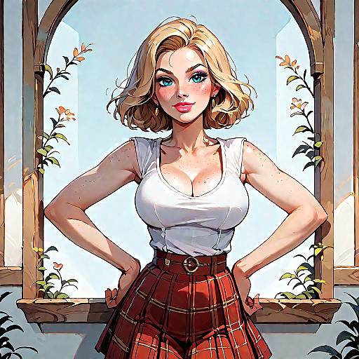 Blonde Woman in Plaid Skirt with Hands on Hips