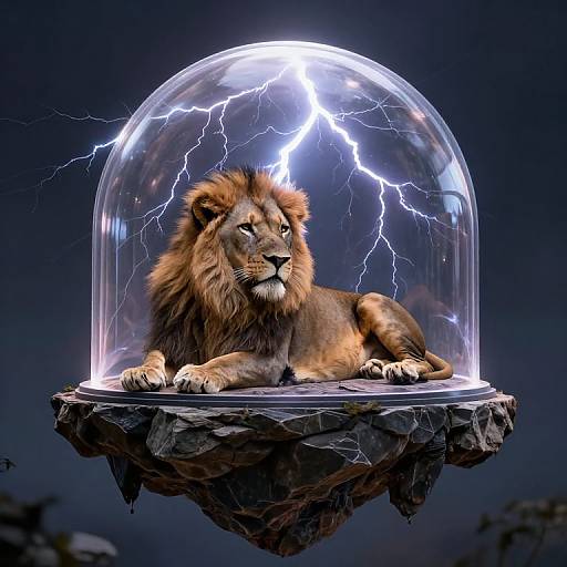 Photorealistic digital art of a majestic lion with a dark mane, lying under a transparent dome, surrounded by bright lightning on a floating rock, against