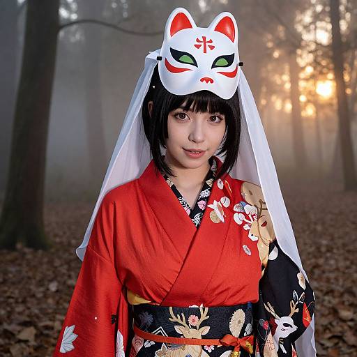 Photograph of an Asian woman in a red kimono with floral patterns, wearing a white fox mask and veil, standing in a foggy forest with