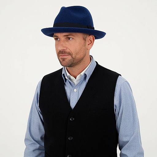 Photograph of a bearded man with light skin wearing a blue fedora, light blue shirt, and black vest, against a white background.