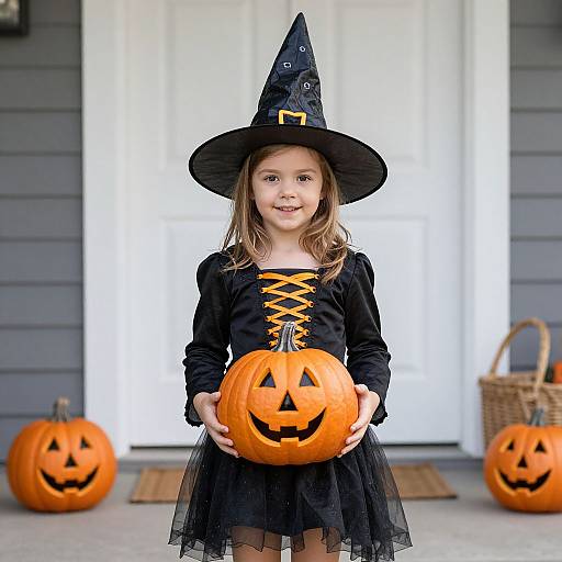 Photograph of a young girl in a black witch costume with orange lacing, holding a carved pumpkin, standing on a porch.
