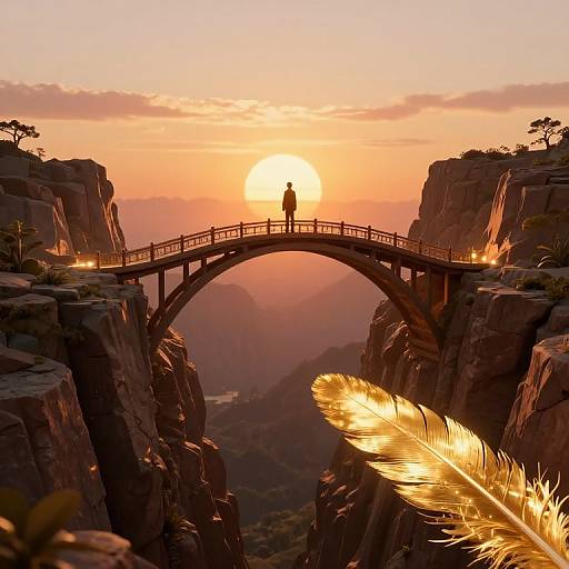 Photograph of a solitary figure on a bridge silhouetted against a vibrant sunset, with golden feathers in the foreground, between towering rocky cliffs.