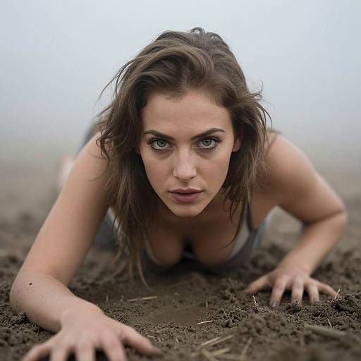 Photograph of a woman with blue eyes and brown hair, crawling on dark, muddy ground, wearing a gray tank top, intense gaze.
