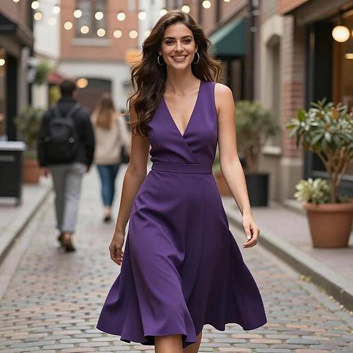 Photograph of a smiling woman with long brown hair in a sleeveless, deep purple V-neck dress, walking on a cobblestone street with string
